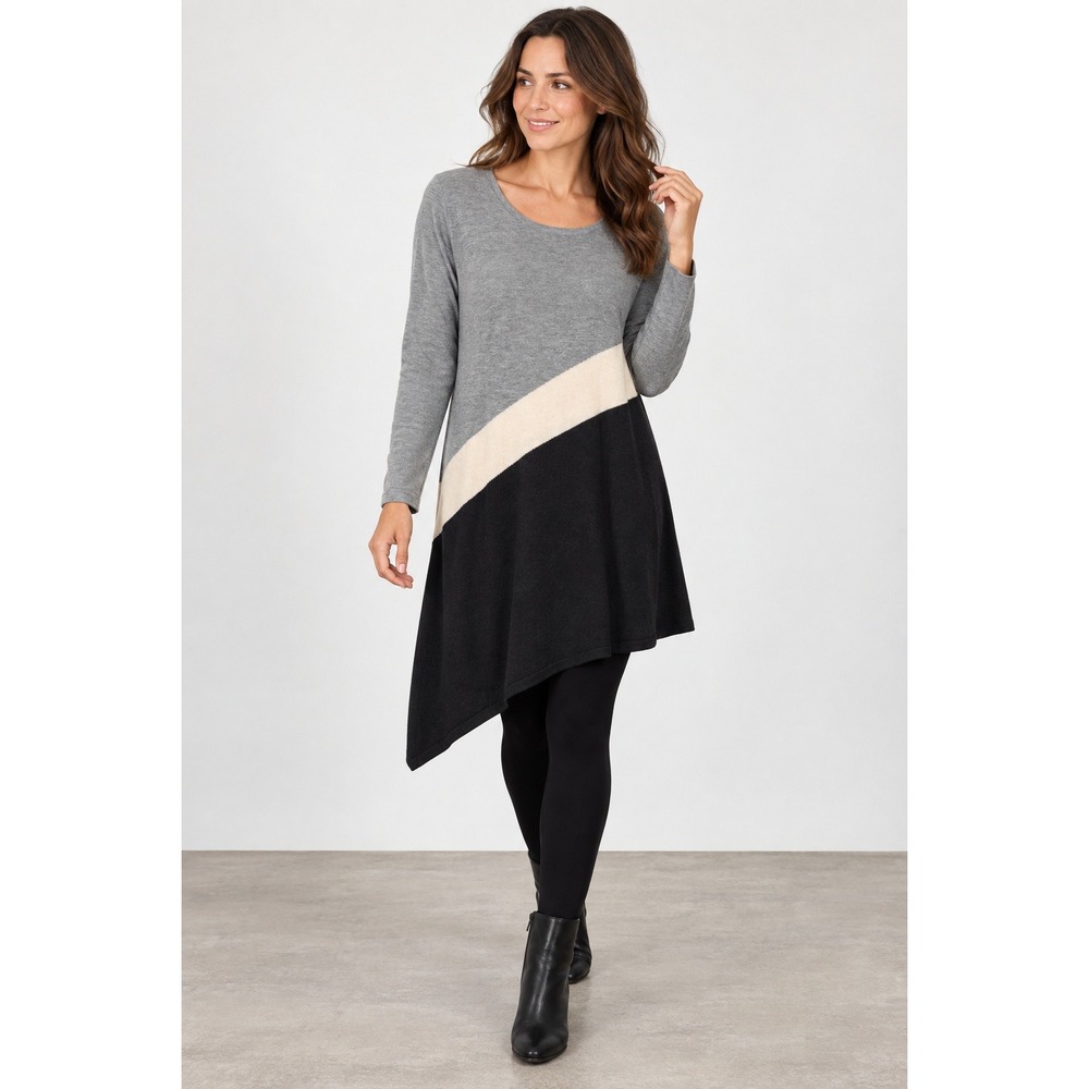 Neiman Marcus Asymmetrical Colorblock Tunic Sweater Dress Womens Medium Gray